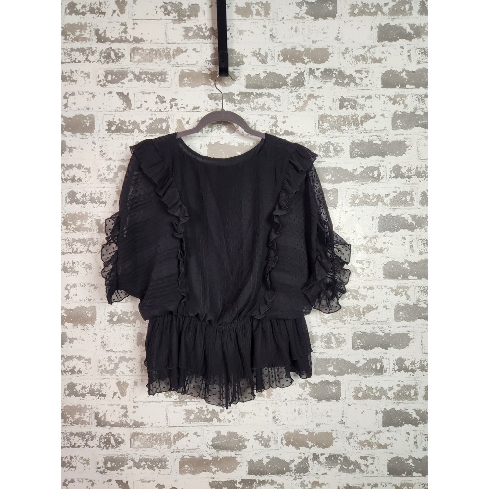 Victorian Sheer Lace Ruffled Peplum Top Medium Black Tulle Goth Coquette